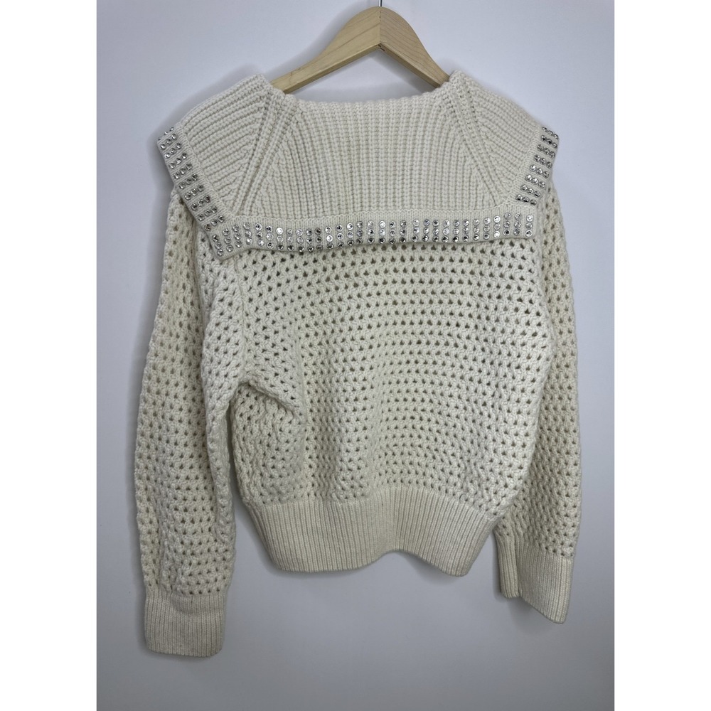 SANDRO Ursule Open Knit Sweater Chunky Pullover Rhinestone Wool Size 2 US M 6 - Picture 6 of 16